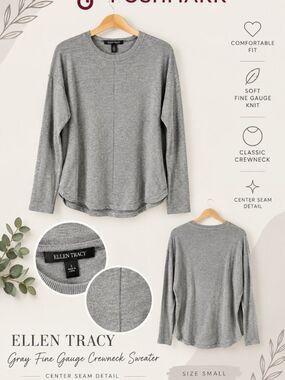 Ellen Tracy Gray Fine Gauge Crewneck Sweater Center Seam Detail Small